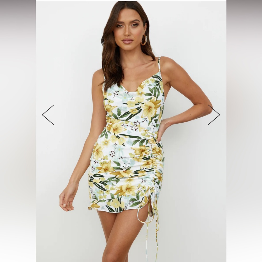 Green & Yellow Floral Satin Ruched Dress